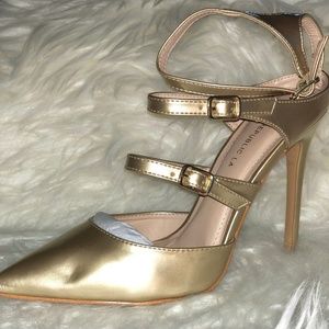 Gold Strappy Pointed Toe Stiletto Heel